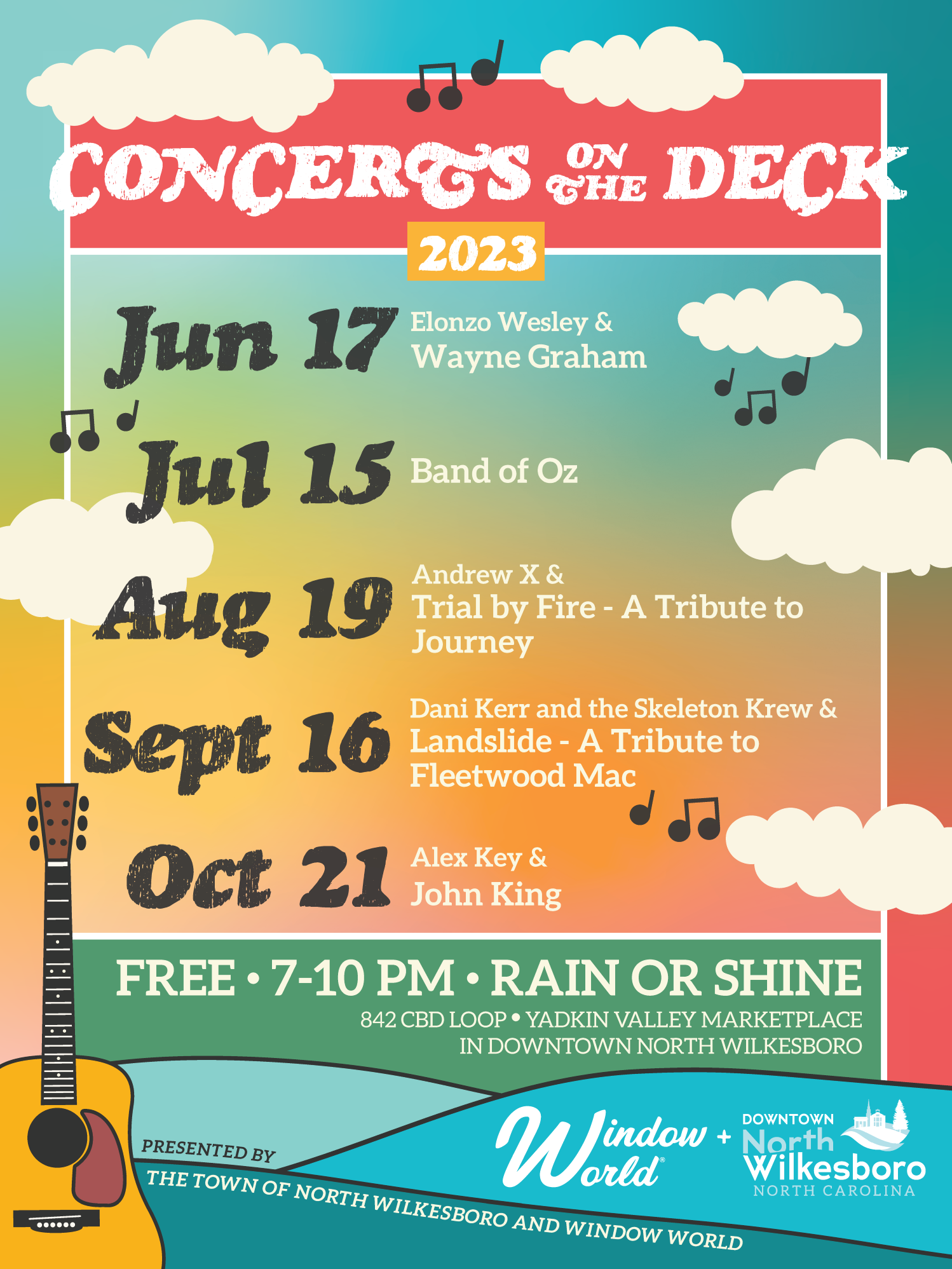 Concerts on the Deck lineup for 2023 with dates June 17th, July 15th, August 19th, September 16th, and October 21st